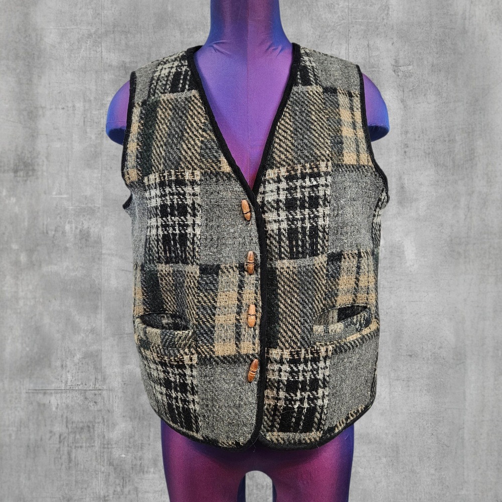 Vintage At Last & Co Plaid Wool Blend Toggle Button Vest Patchwork Size Medium
